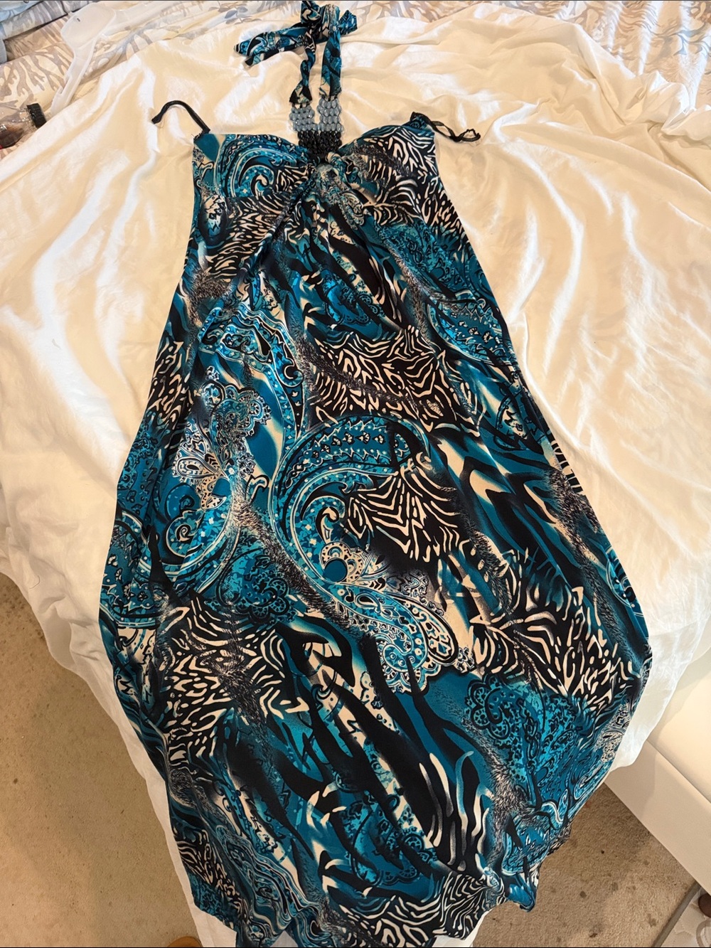 Blue Teal Paisley Halter Maxi Dress